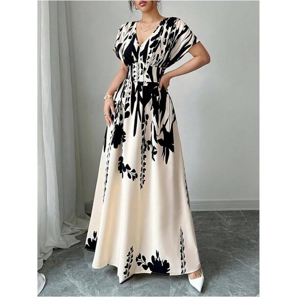 Women's Floral V Neck Maxi Dress Short Sleeve Smocked Flowing Summer Dress - Picture 2 of 5